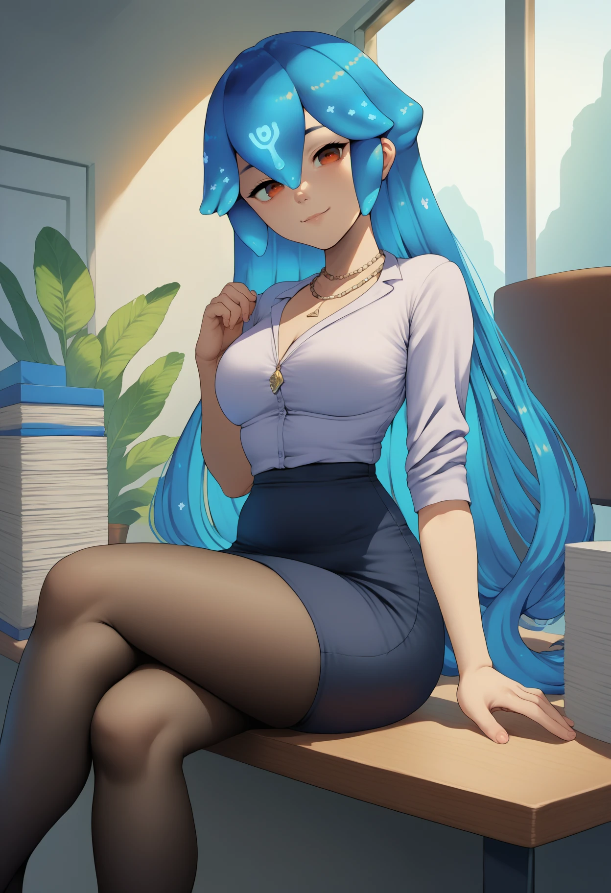 score_9, score_8_up, score_7_up, source_anime, 1girl, solo, <lora:Bao_XLPD:1>, BaoDef, blue hair, liquid hair, long hair, hair between eyes, bangs, necklace, office lady, office, pencil skirt, shirt, black pantyhose, sitting, table, window, crossed legs, seductive smile,