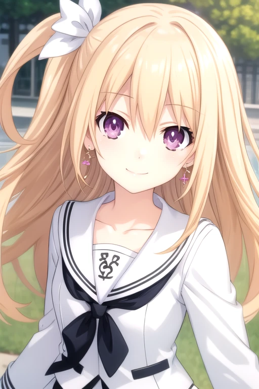 ((masterpiece)),(best quality),official art,extremely delicate and beautiful,extremely detailed CG,unity 8k wallpaper,ultra detailed,beautiful detailed eyes,extremely detailed face,outdoors,1girl,solo,upper body,(portrait:1.5),looking at viewer,facing viewer,smile,(petite:1.2),Mayuri,very long hair,blonde hair,one side up,hair ornament,floating hair,hair ribbon,white ribbon,jewelry,earrings,sidelocks,hair between eyes,bangs,purple eyes,school uniform,collarbone,white jacket,white sailor collar,white serafuku,white shirt,black ribbon,buttons,long sleeves,medium breasts,miniskirt,white skirt,pleated skirt,zettai ryouiki,black thighhighs,loafers,<lora:Mayuri(dal):0.8>,<lora:TSNeptunia-000045:0.5>,