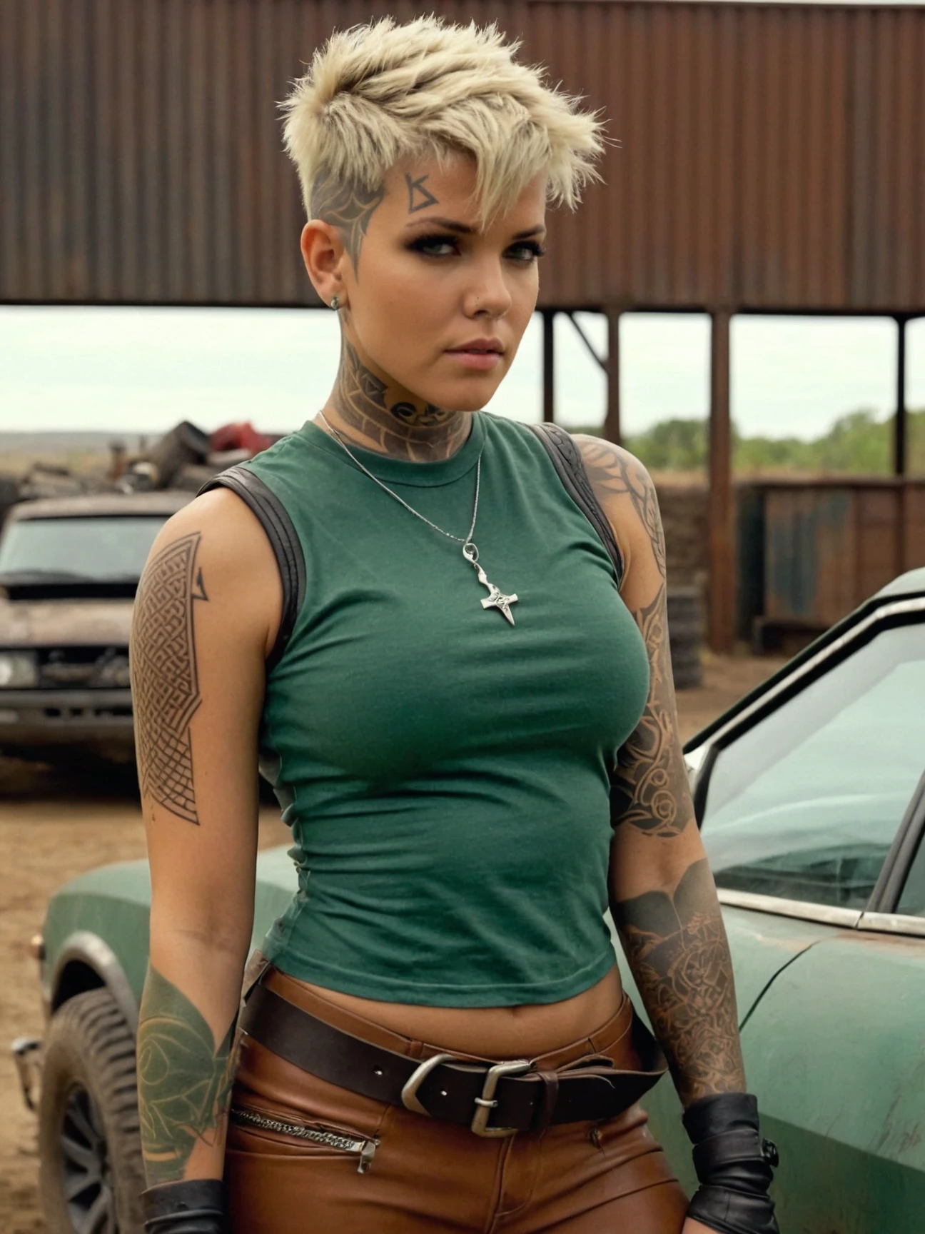 cinematic film still breathtaking 1girl, arm tattoo, asymmetrical hair, blonde hair, dark skin, eye-shadow, full-body tattoo, jewelry,, piercing, portrait, short hair, tattoo, undercut, (brown leather clothes, green tshirt, chest plate armor:1.4), high detail, wasteland warrior, holding barbwire bat, destroyed rusty car, realistic <lora:Stef4n1_M:0.7> stef4n1_m . award-winning, professional, highly detailed . shallow depth of field, vignette, highly detailed, high budget, bokeh, cinemascope, moody, epic, gorgeous, film grain, grainy