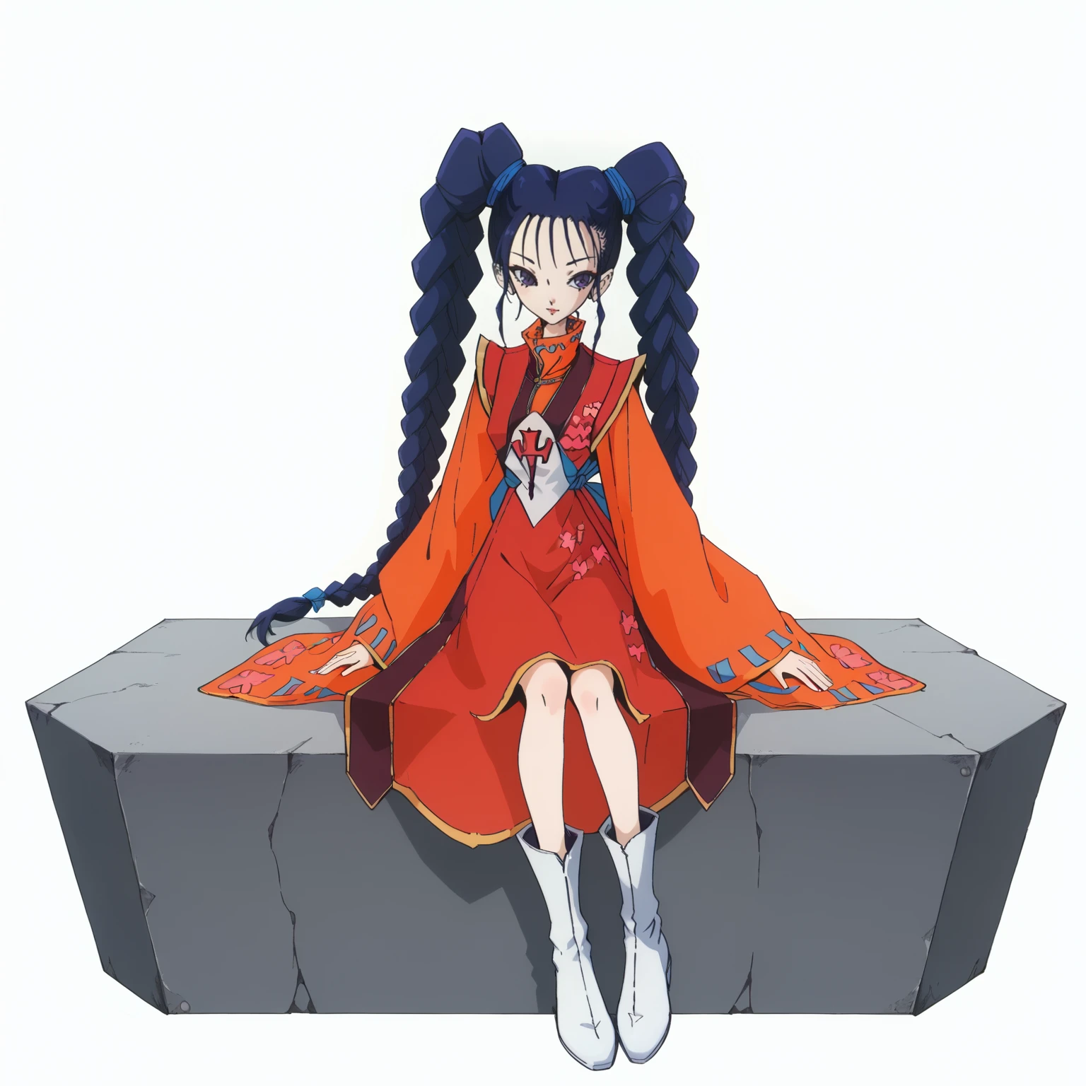 <lora:PrincessTIGHTNAVENXLpony001>,
solo,
PrincessTIGHTNAVEN,1girl,blue hair,twintails,twin braids,purple eyes,
red dress,wide sleeves,
white boots,
full body,sitting,
