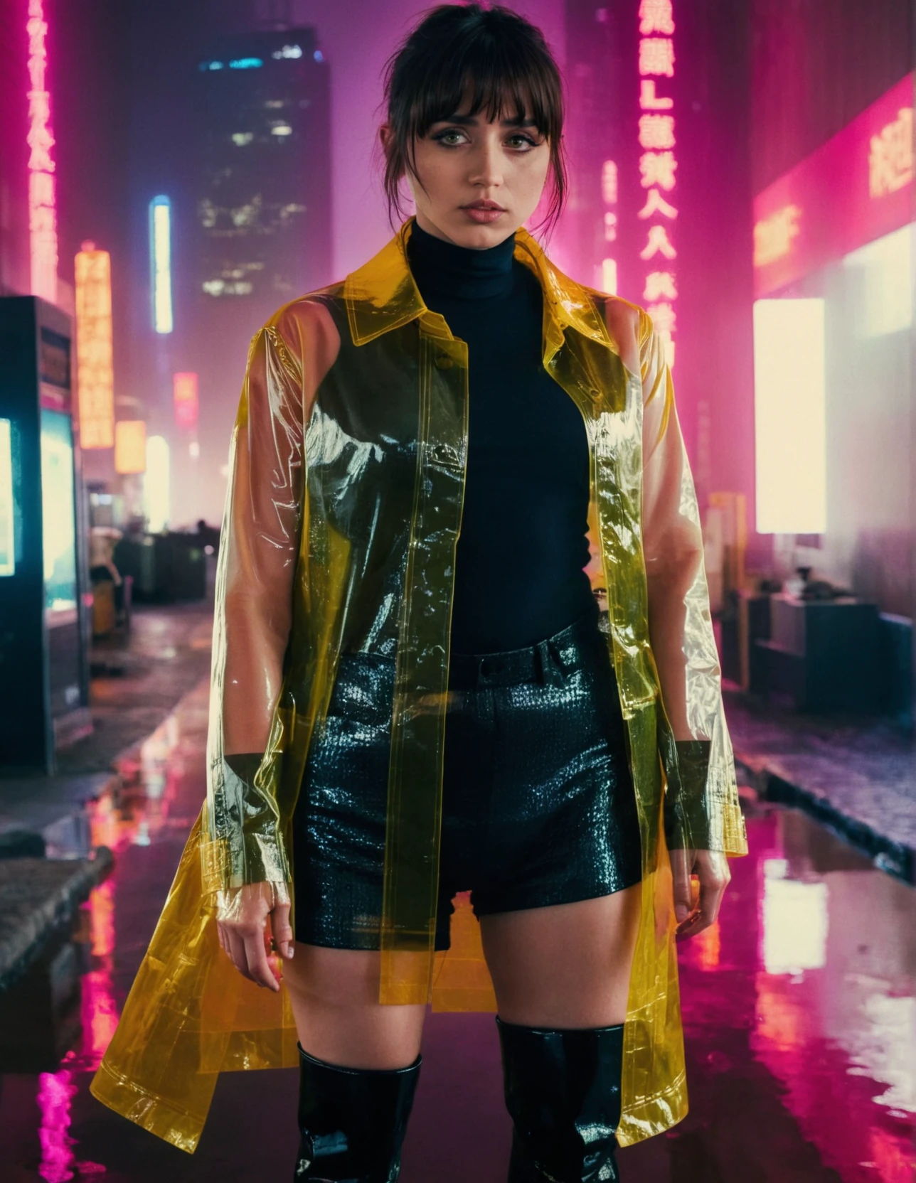 j0i woman,her hair is styled with bangs ,wearing raincoat,dramatic lighting,full body shot,volumetric lighting,film grain,cinematic,looking at camera,depth of field,bokeh,cyberpunk cityscape background