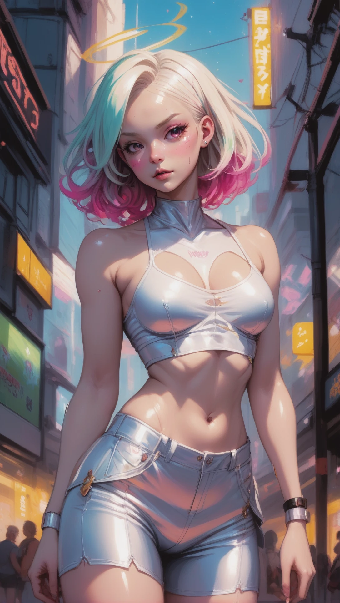 anime digital painting, 1girl, woman, (giant Drugcore:1.3) cute angel, [:seductive, casual costume design,:0.2], bombshell hair, cosmic bright color:navajowhite and magenta hair, pointy hair, iridescent navajowhite clothes, athletic hourglass figure, albino, Cold Storage for Supplies \(room\) in a Wondrous fantasy city at the end of the universe<lora:EnvyStarlightEponymous01:1>