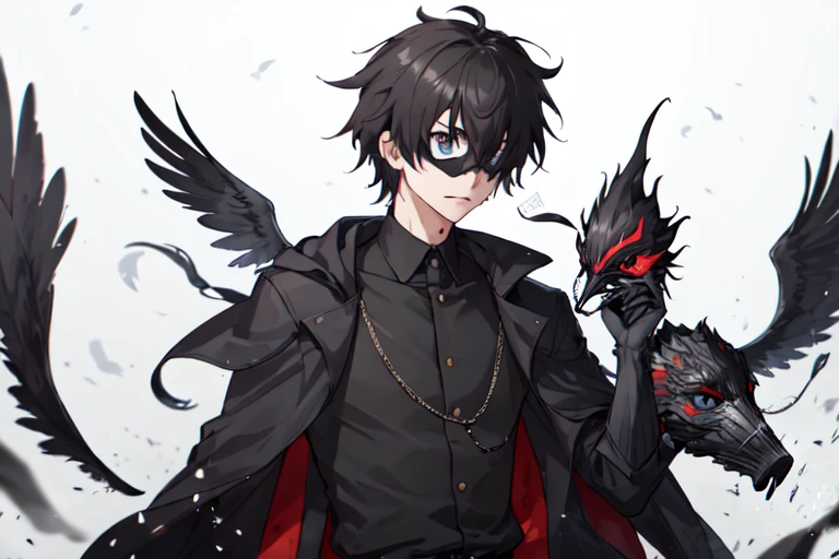1 boy wearing a mask, <lora:masks_1-000001:0.8> mask, crow mask