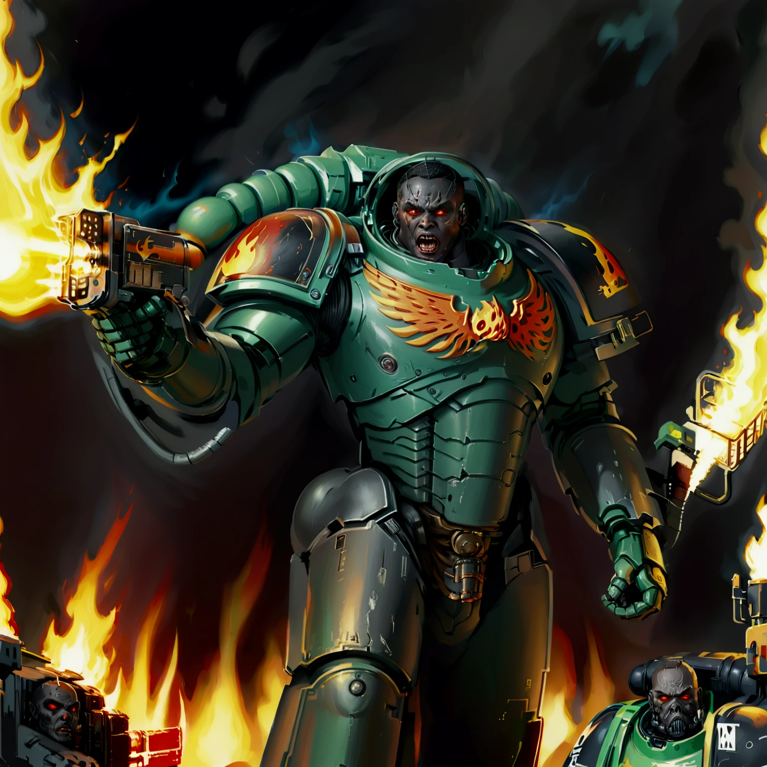 a warrior in power armor with a flamethrower, flames, fire, shouting, slmndr, space marine, armor, weapon, science fiction, black skin, red eyes, face focus