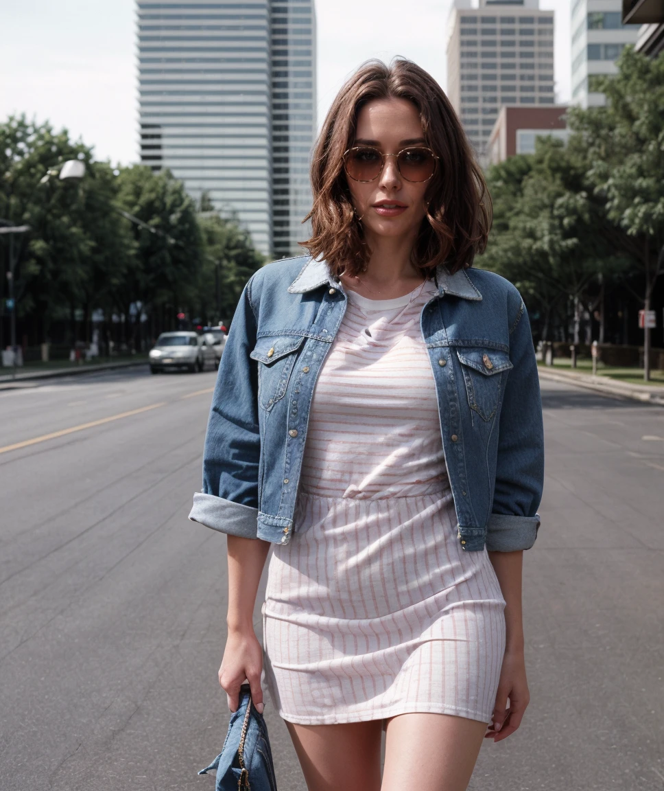 cinematic photo <lora:quiron_AimeeSweet_v1_Lora:0.57> aimeesweetquiron, aimeesweet, 1girl, realistic, Striped t-shirt dress, denim jacket, white sneakers, . 35mm photograph, film, bokeh, professional, 4k, highly detailed