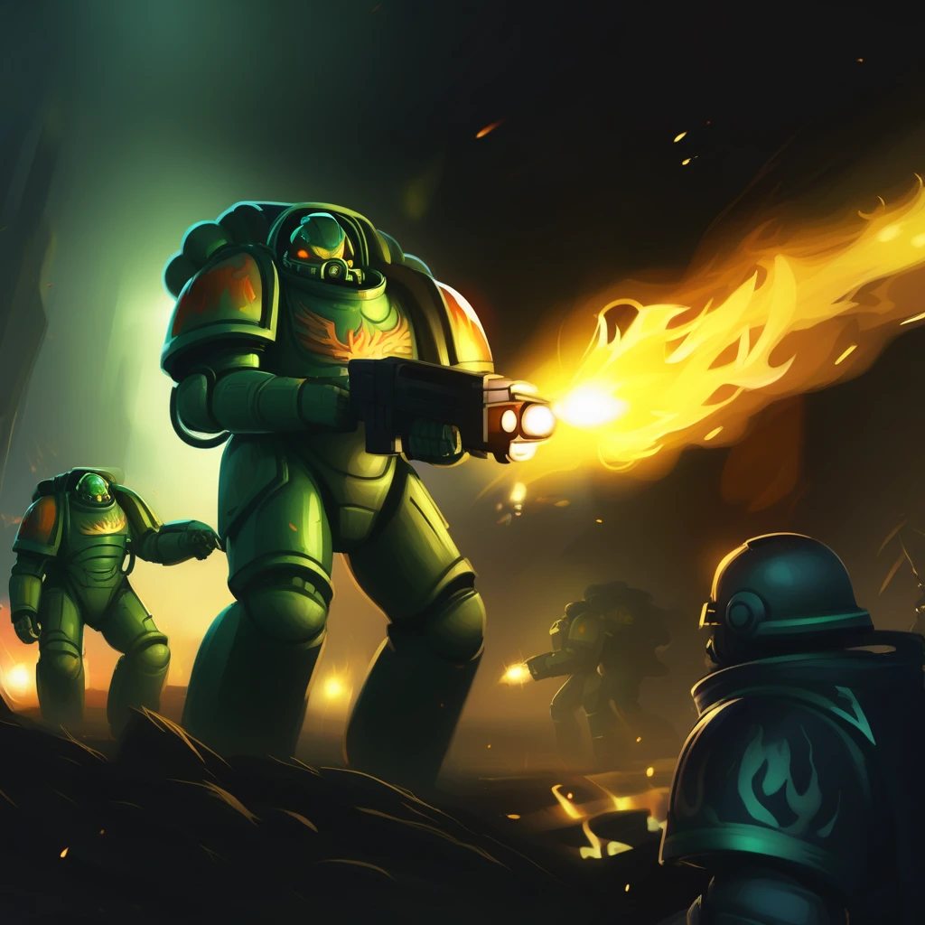 a battle with aliens, flames, explosions, power armor, slmndr