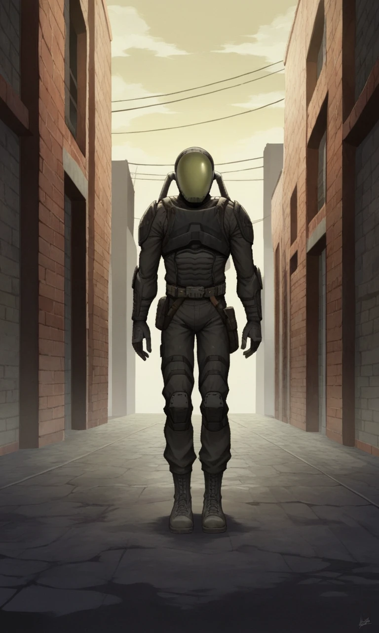 anime artwork score_9, score_8_up, score_7_up, score_6_up, BREAK source_anime, soft lineart, 1boy, glavakolhoza_sevasuit, sci-fi suit, helmet, standing, relaxed pose, post-apocalyptic landscape, post-apocalyptic city, <lora:glavakolhoza_sevasuit:0.7>, full body. anime style, key visual, vibrant, studio anime, highly detailed