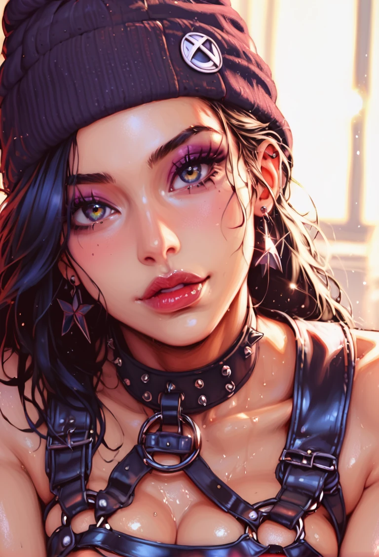 score_9, score_8_up, score_7_up, Thorough, analog style, eye focus, highest quality, (highly detailed skin), photo of a exquisitely beautiful pale skin punk Dutch girl, 21yo, (wearing harness, and beanie), perfect face, alluring eyes, [seductive makeup], skin pores, (piercing:0.5), indoor, messy bedroom, (bokeh:0.6), sharp focus, dappled lighting, (backlighting:0.7), film grain, photographed on a Sony A7R IV, 18mm F/1.7 cine lens, (highly detailed, intricately detailed), 8k, HDR, seductively posing, front view, (uppper body:0.9)
