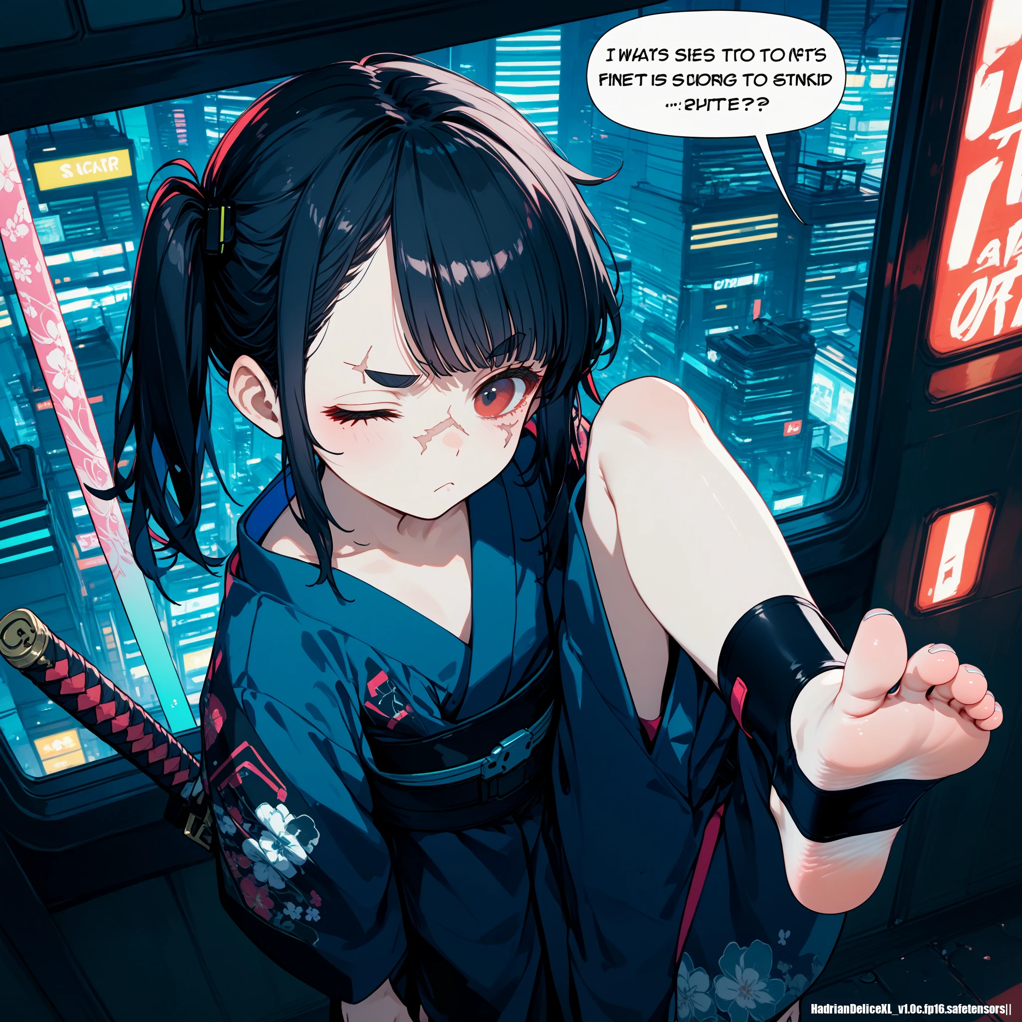 (score_10,score_9_up,score_8_up,score_7_up), ,, foot focus,close-up on foot,close-up,footview,1 skinny girl standing split in cyberpunk city,(from above:1.3),foreshortening,standing split,spread toes,soles,black hair, one side up,((black stirrup footwear)),green,yellow,kimono,red eyes,one eye closed,(scar_across_eye),clothes slip,expressionless,shaded face,[[holding katana]],exhausted, frown, forked eyebrows,peace_sign,asymmetrical eyebrows,   low lights,highres,4k,8k,ultra high detailed cyberpunk,red,pink,blue,green,yellow,neon lights, english text,colored shadow,game screenshot,dialogue options, dialogue box,