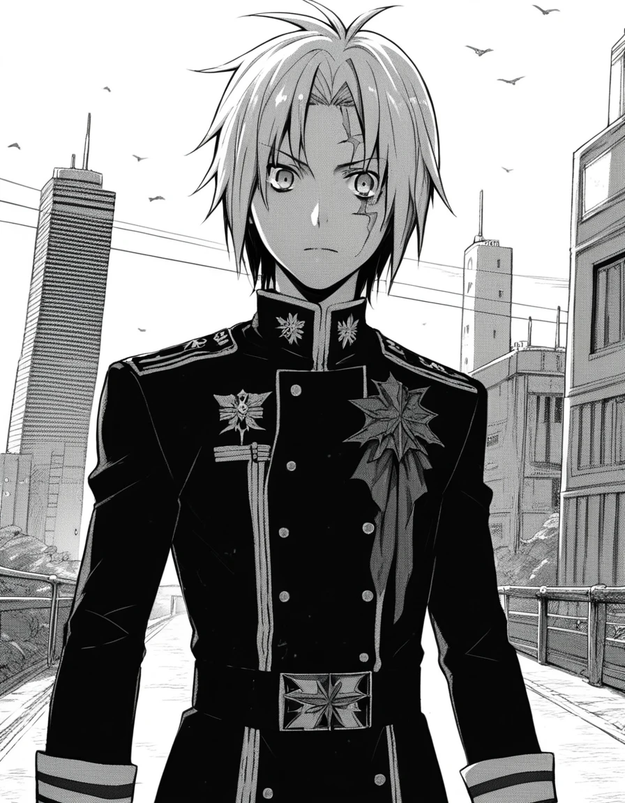 score_9, score_8_up, score_7_up, source_anime,
allenwalker, <lora:allen-walker-manga-ponyxl-lora-nochekaiser:1>,
allen walker, short hair, monochrome, greyscale, scar,
gloves, uniform, military, military uniform,
outdoors, cityscape,
looking at viewer, solo, cowboy shot, dutch angle,
