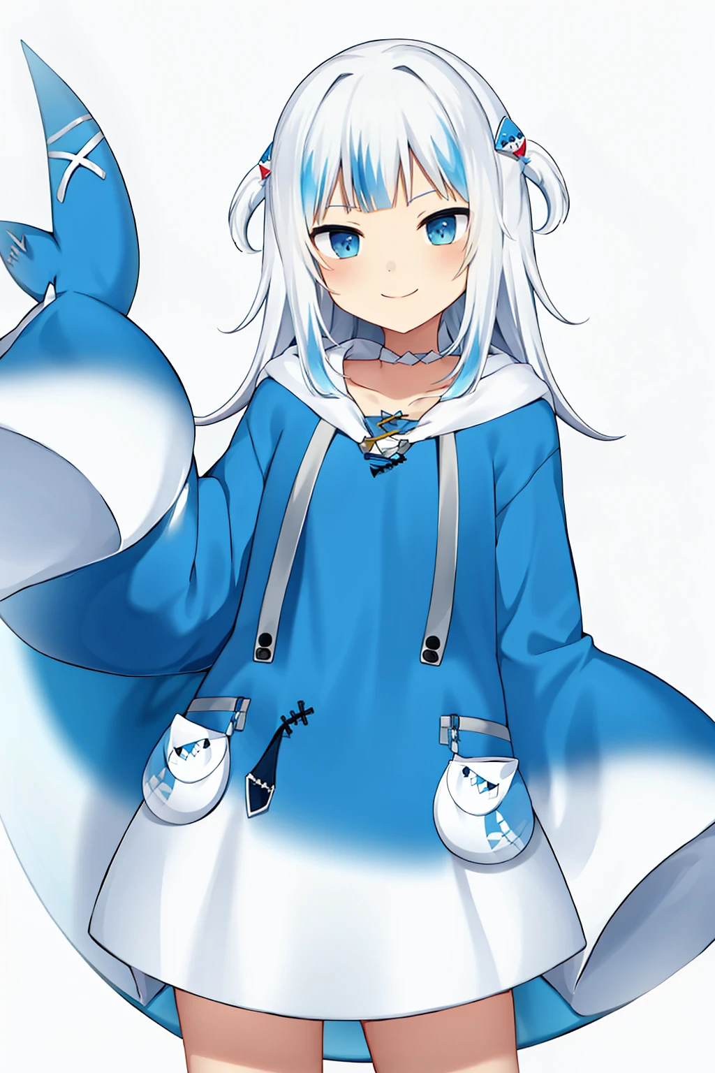 <lora:gura_v1.1-000010:0.9>, gawr gura, gura_shark_outfit, 1girl, solo, best quality, masterpiece, highres, looking at viewer, cowboyshot, blue shark-themed clothing, blue shark hoodie, white hair, white headband, shark tail, (solid white background:1.3 ), hair ornament, smile, front view