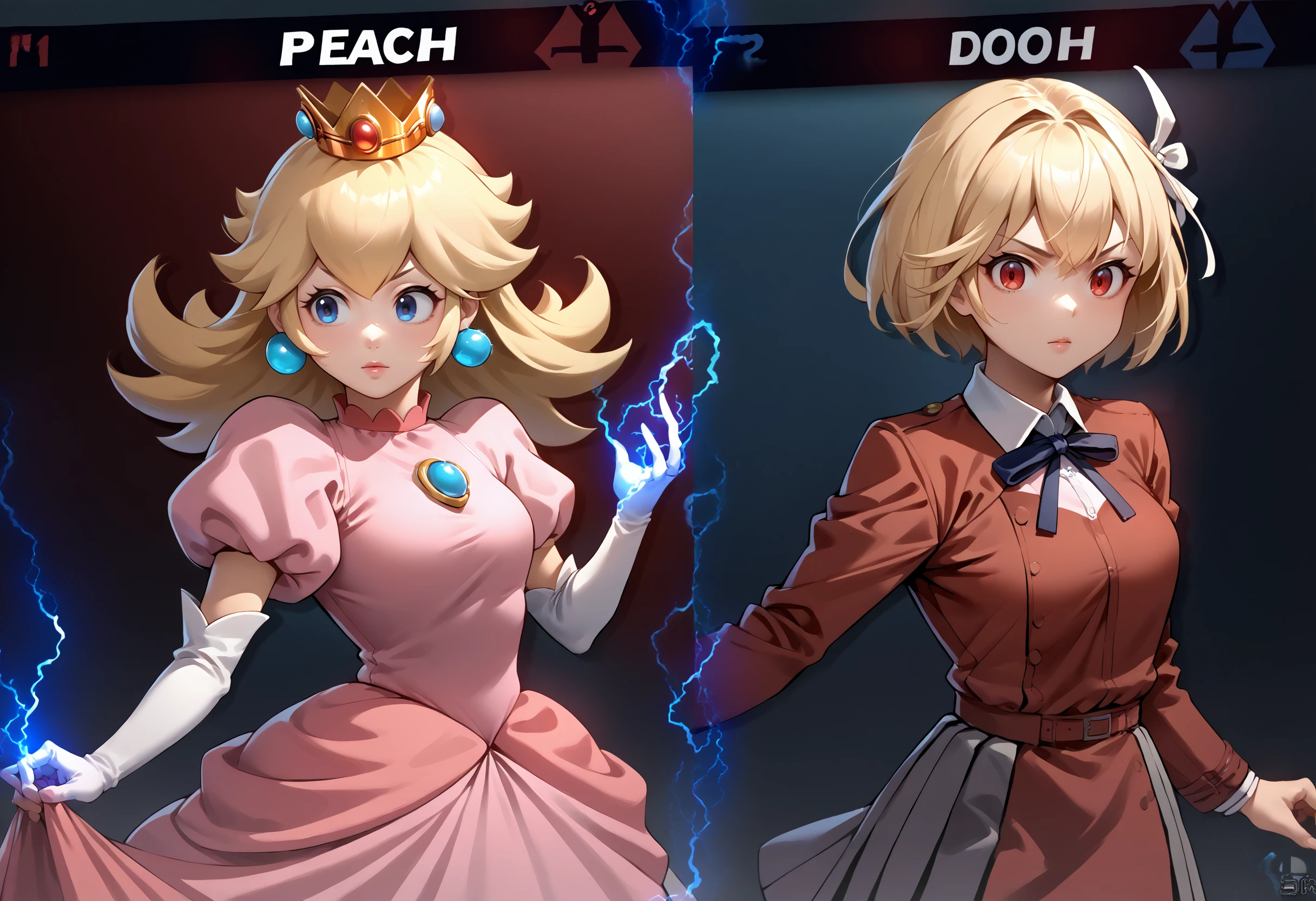 score_9, score_8_up, score_7_up, source_anime, incrsssbuvs, electricity, <lora:SSBUVSScreen_XLPD:0.5>,
BREAK 1girl, <lora:PrincessPeach_XLPD:0.8>, princess peach, pink dress, elbow gloves, crown,
BREAK 1girl, <lora:Hoseki_LycorisRecoil_ChisatoNishikigi_PDXL_v1:0.8> chstnshkg, red eyes, short hair, hair ribbon, two-tone dress, pleated dress, red dress, grey dress, neck ribbon, long sleeves, collared shirt,