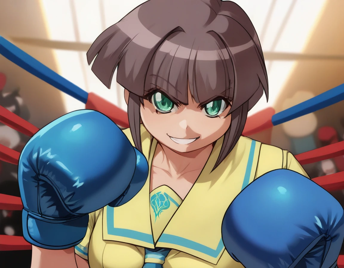 <lora:Smooth Anime 2 Style SDXL_LoRA_Pony Diffusion V6 XL:0.8> score_9, score_8_up, score_7_up, score_6_up, score_5_up, score_4_up, source_anime, BREAK, <lora:Watanuki Hibiki PONY:1> watanuki hibiki, short hair, brown hair, green eyes, yellow school uniform, in a boxing match, boxing gloves, evil smile