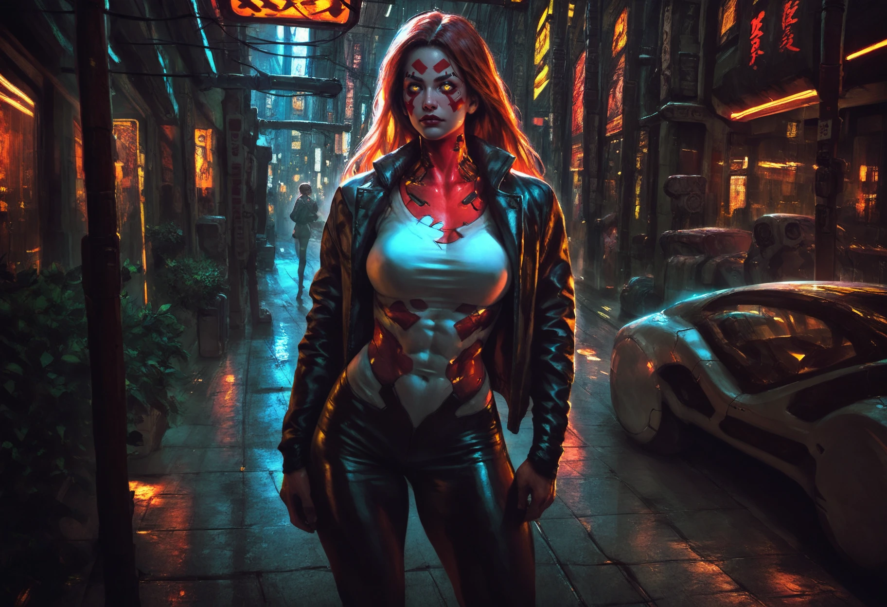 adult woman, curvy, red facepaint, orange long hair, muscular female, muscular, large breasts, yellow eyes, thighs, pants, standing, black leather jacket, cyberpunk city, cyberpunk street, cables, outdoors, cyberpunk, night, solo, <lora:Eddie_MendozaV2:0.8>, score_8_up, score_7_up, realistic