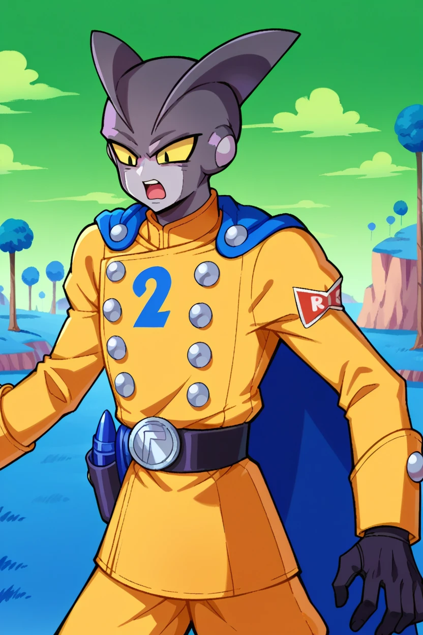 score_9, score_8_up, score_7_up, score_6_up, score_5_up, score_4_up BREAK gamma 2, grey skin, shark fins,yellow sclera, black eyes,red ribbon shoulder patch, blue cape, blue print, yellow jacket, double-breasted, yellow pants, black gloves, black belt, surprised, uneven eyes,open mouth,half-closed eye, namek, green sky, tree, plateau, hill,blue gun,blue grass <lora:NamekPony:1> <lora:GammasPony:1>