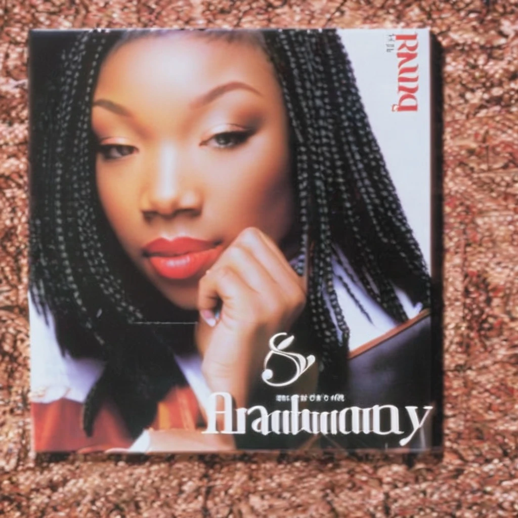 a 1995s album cover, with a photo of brndi, <lora:brndiXL:1> brndi, brndi close up, brndi , ((album cover title: "Brandy":1)) ((depth of field:1)), brndi in focus,
