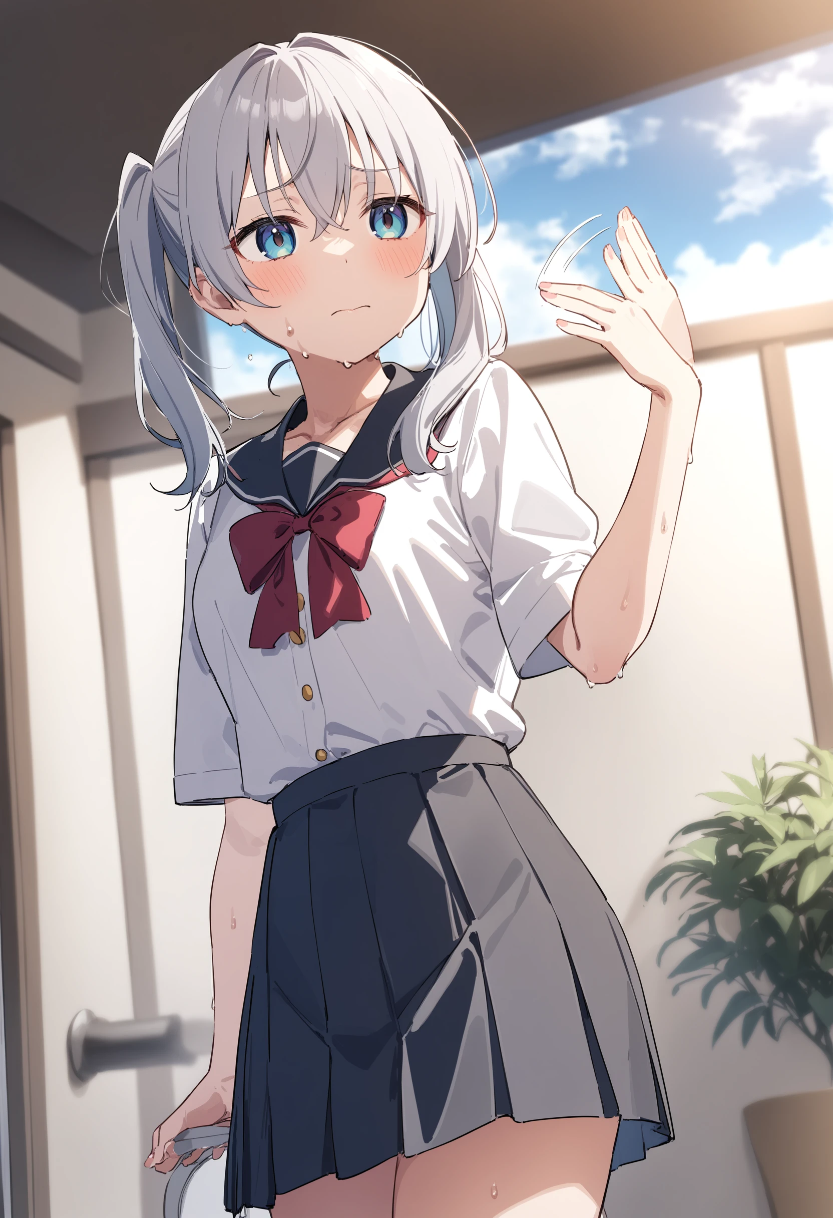 1girl,sincos, ningen mame, toosaka asagi,solo,medium breasts,school uniform,
fanning self,fanning face, hand up, motion lines, sweatdrop, sweat, hot,<lora:fanningself_XL_v1:0.9>
from side, panorama shot, looking away, silver hair, black eyes,furled brow, resort hotel, closed mouth,
best quality, very aesthetic, absurdres