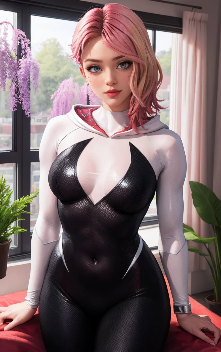 Costum_AcrossSpiderVerse_GwenStacy_ownwaifu,
1girl, blonde hair, short hair, blue eyes, eyebrow piercing, lips, freckles, blush, hair over one eye, multicolored hair, pink hair, asymmetrical hair, two-tone hair, undercut, breasts, medium breasts, toned, makeup, red lips,
hooded bodysuit, spider web print, silk, white bodysuit, skin tight, mask removed, no mask, superhero, animification, covered navel, 
<lora:CARTOON_AcrossSpiderVerse_GwenStacy_ownwaifu:0.7> ,
((masterpiece)),((best quality)),(highres, absurdres), original, official_art, chromatic_aberration, bokeh, depth_of_field, window, wisteria, loaded_interior, skylight, sunset, indoors, window_shade, potted_plant, focused, looking at viewer, solo, cowboy shot,