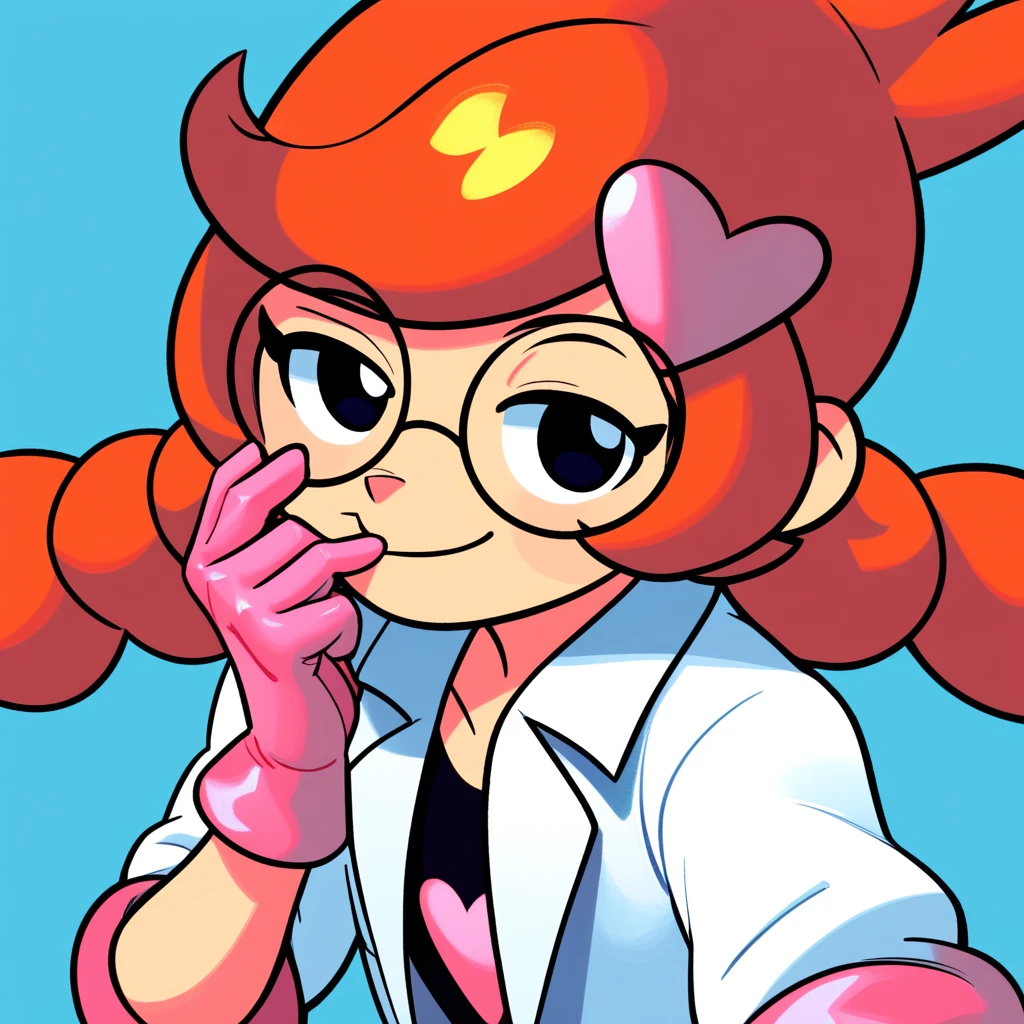 score_9_up, score_8_up, score_7_up, score_6_up, best quality, masterpiece, source_cartoon, detailed background, blue background, BREAK 1girl, solo, penny_(\warioware\), large head, orange hair, black eyes, braids, glasses, pink hairpin, labcoat, black pants, short sleeves, pink gloves, smile, narrowed eyes, one hand on mouth, <lora:PDXL_Penny_WW:1>