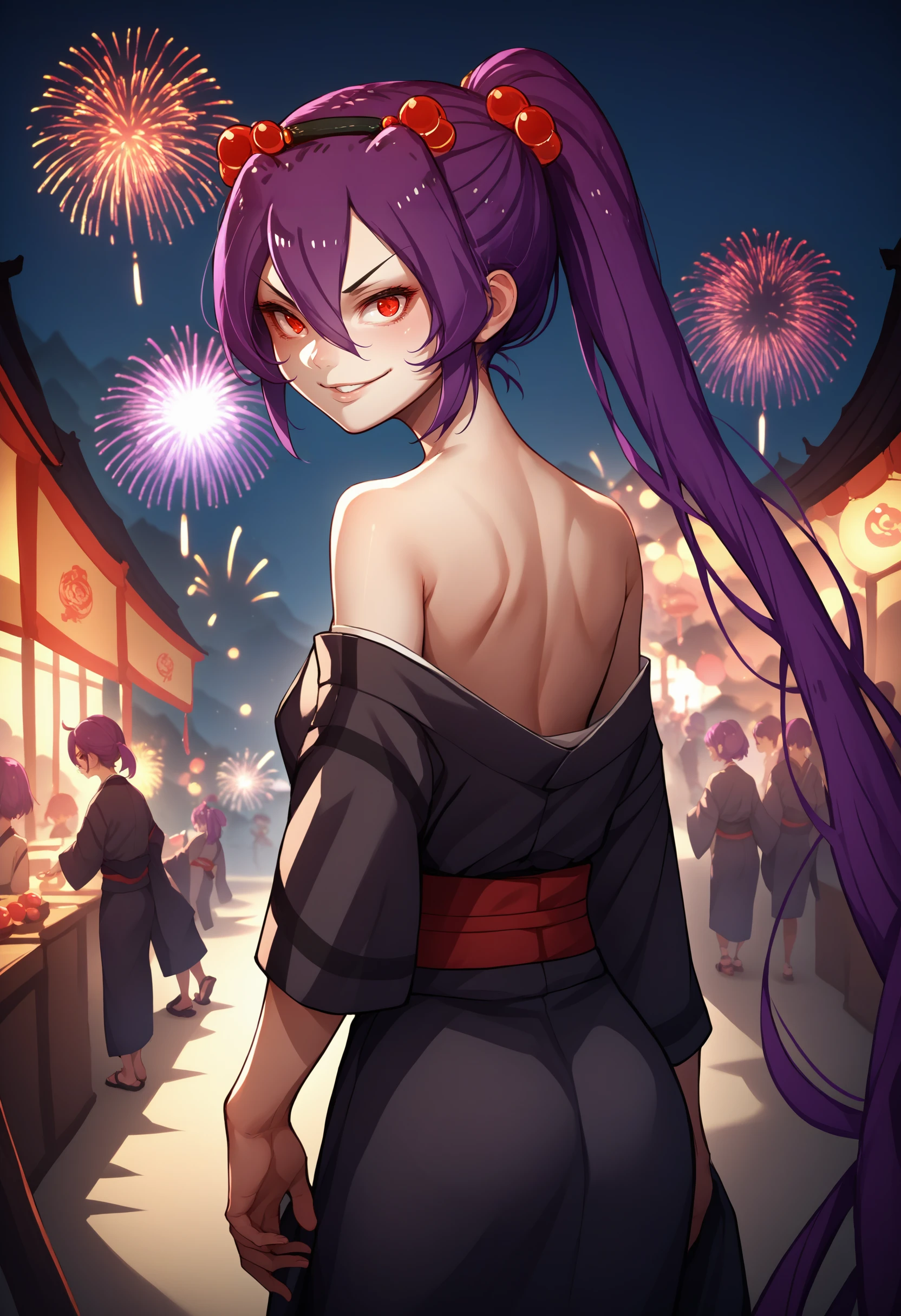 score_9, score_8_up, score_7_up, source_anime, 1girl, solo, <lora:Spiderchan_XLPD:1>, Spider-chan, purple hair, red eyes, ponytail, hair ornament, hair between eyes, hair bobbles, long hair, bangs, kimono, off shoulder, from behind, festival, fireworks, seductive smile, looking back, cowboy shot,