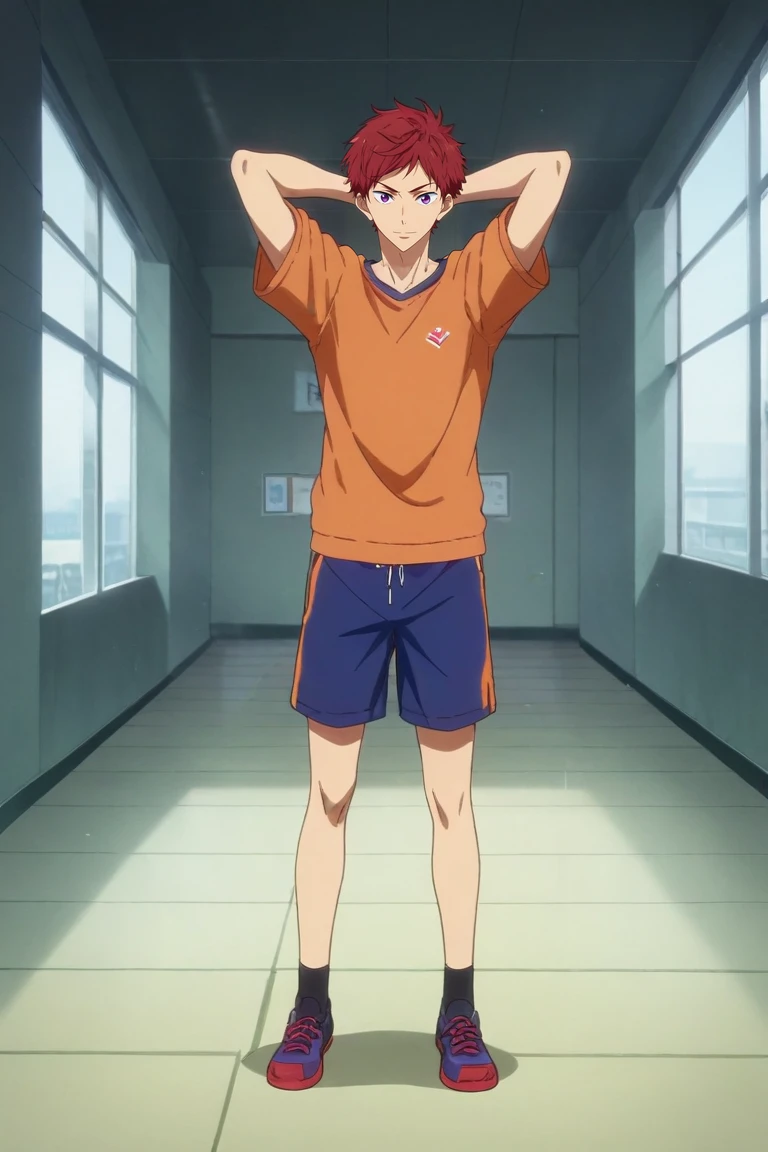 score_9, score_8_up, score_7_up, source_anime, rating_safe, intricate details, anime screencap, anime coloring, official style, , , 1boy, solo, male focus, <lora:asahi_shiina_pony:0.9>, asahi_shiina, red hair, purple eyes, short hair, wide angle, wide shot, full body, pyramid, indoors, dark, arms behind head, smirk, gym shorts,, <lora:sdxl_lightning_8step_lora:1>