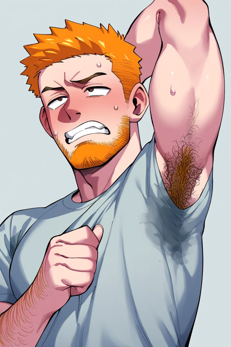 (score_9, score_8_up, score_7_up:1.1), anime art, anime style, vivid colors, digital painting art, detailed, BREAK
(1boy:1.2), (s3t onshirt:1.2), shirt with (sweat:0.5), 
A Irish man, gray tank top shirt, pointing to his armpit (sweat:1.3), short [ginger::0.25] hair, upper body, face from the chest up, smelling himself, disgusted expression, close-up of the man's upper body, 
slim body, short hair, dark eyes, stubble beard, hairy arms, hairy [red orange-ginger::0.35] armpit hair popping out, Caucasian, high quality, 
 plain background <lora:sweaty_shirt_PONY_Anime_v1_20_BM1:1.55>