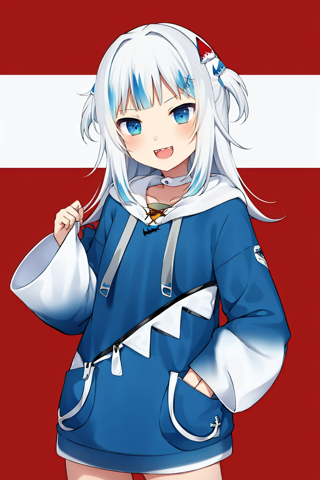 <lora:gura_v1.1-000010:0.9>, gawr gura, gura_shark_outfit, 1girl, solo, best quality, masterpiece, highres, looking at viewer, cowboyshot, blue shark-themed clothing, blue shark hoodie, white hair, white headband, shark tail, (solid white background:1.3 ), hair ornament, smile, front view, (close mouth)