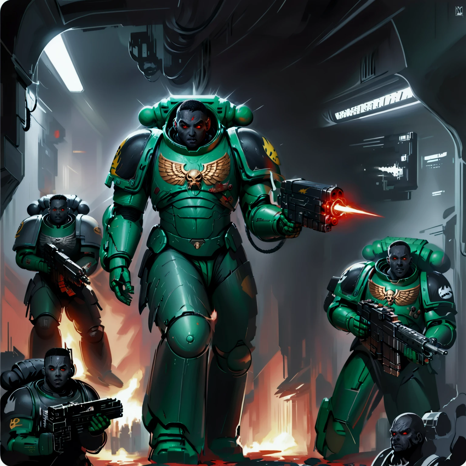 warriors in power armor battle with monsters, machinegun, holding weapon, starship corridor, slmndr, space marine, armor, weapon, science fiction, black skin, red eyes, face focus