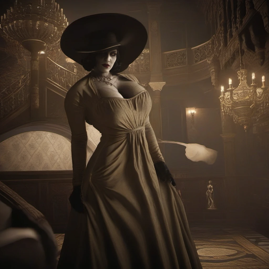 Horror-themed a woman with a dress and a hat, large breast <lora:LadyDimitrescu1024:0.8> . Eerie, unsettling, dark, spooky, suspenseful, grim, highly detailed