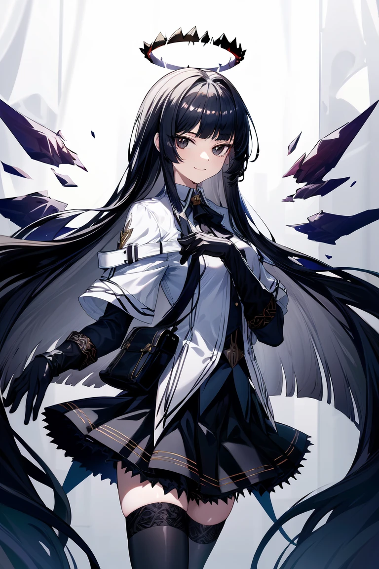 <lora:virtuosa:0.7>,1girl,solo,long hair,bangs,black hair,looking at viewer,very long hair,gloves,black gloves,halo,blunt bangs,closed mouth,wings,black skirt,black eyes,thighhighs,white shirt,best quality,masterpiece,absurdres,highres,smile,<lora:add_detail:0.6>,