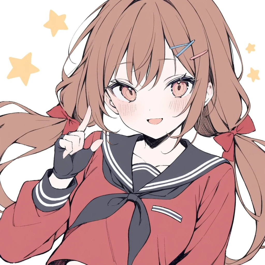 1girl,
solo, star \(symbol\), looking at viewer, upper body, blush, open mouth, fingerless gloves, hairclip, brown eyes, low twintails, black sailor collar, simple background, sailor collar, smile, black gloves, school uniform, gloves, bow, long sleeves, hair bow, hand up, red shirt, shirt, brown hair, red bow, serafuku, long hair, white background, hair ornament, twintails, black neckwear,
masterpiece, best quality, safe
<lora:mki-a31-dodosako-v1-000070:1>