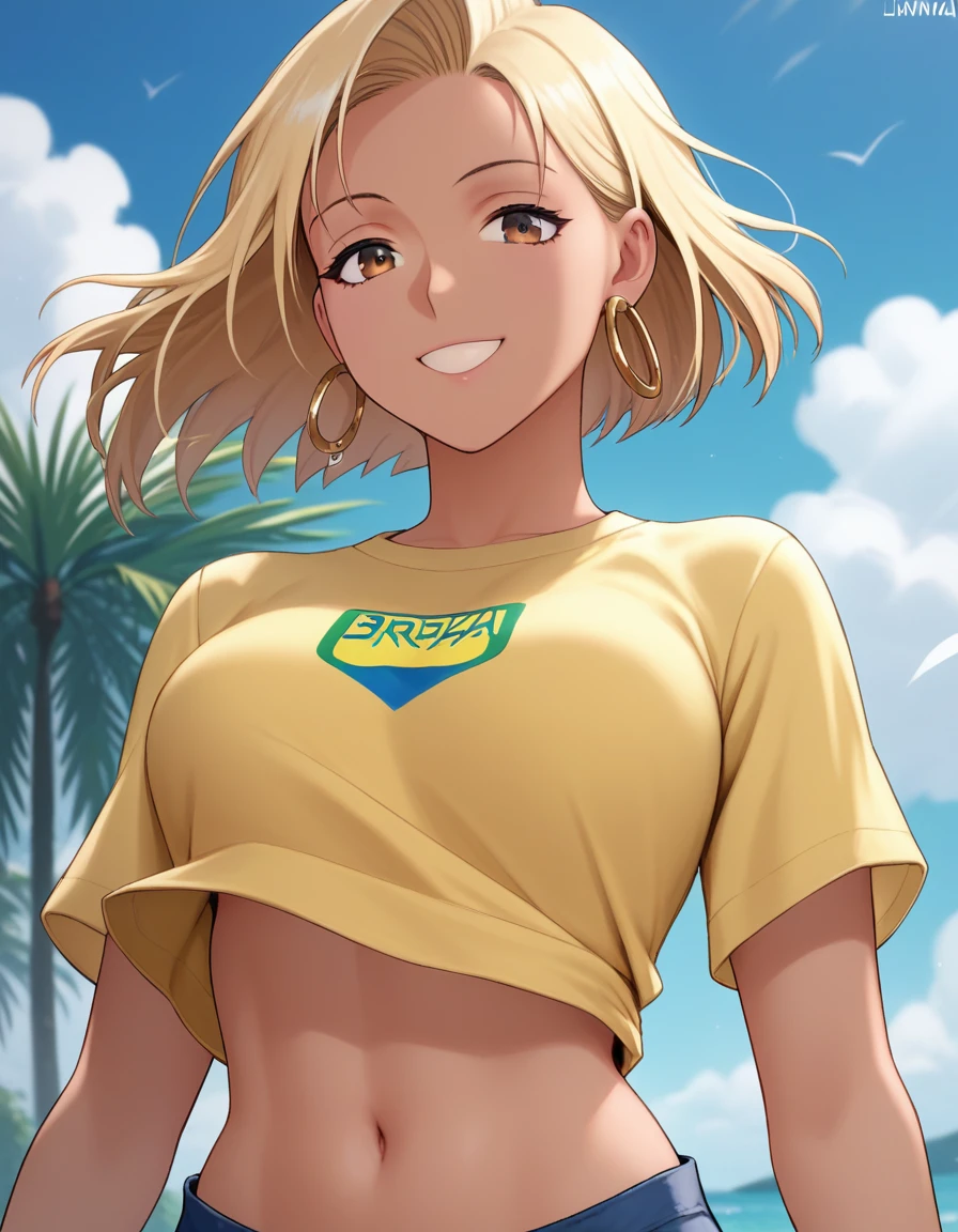 score_9,score_8_up,score_7_up, source_anime, brazil logo on shirt, navel,  looking at viewer, light smile, outdoors, yellow shirt, mini shorts, wind lift, sunny, clear sky, upper body, brazil attire <lora:Hani_-_Sexercise_Manhwa_Pony:1> fwhani, brown skin, hoop earrings, breasts