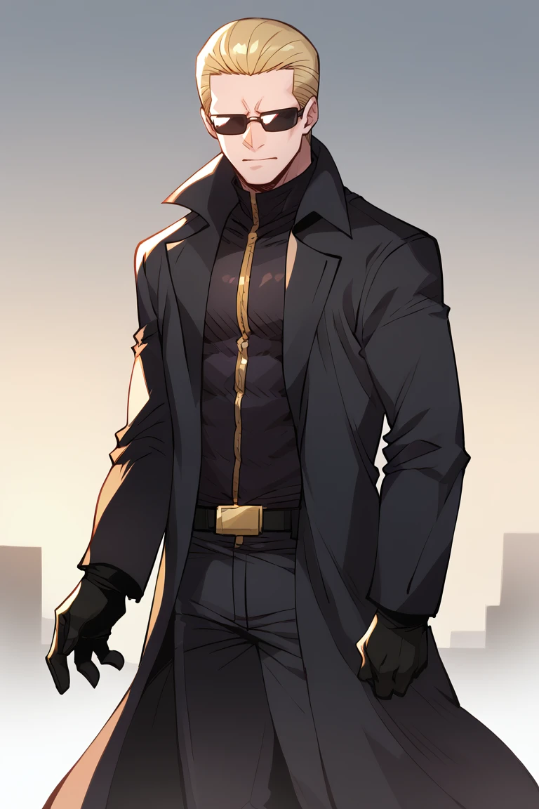 score_7_up, BREAK <lora:ssambatea-guy-PONYv1:1>, 1boy, solo,  <lora:albertwesker-guy-PONYv1:0.95> albertwesker, black gloves, sunglasses, belt, pants, long coat, trench coat, black coat, black pants