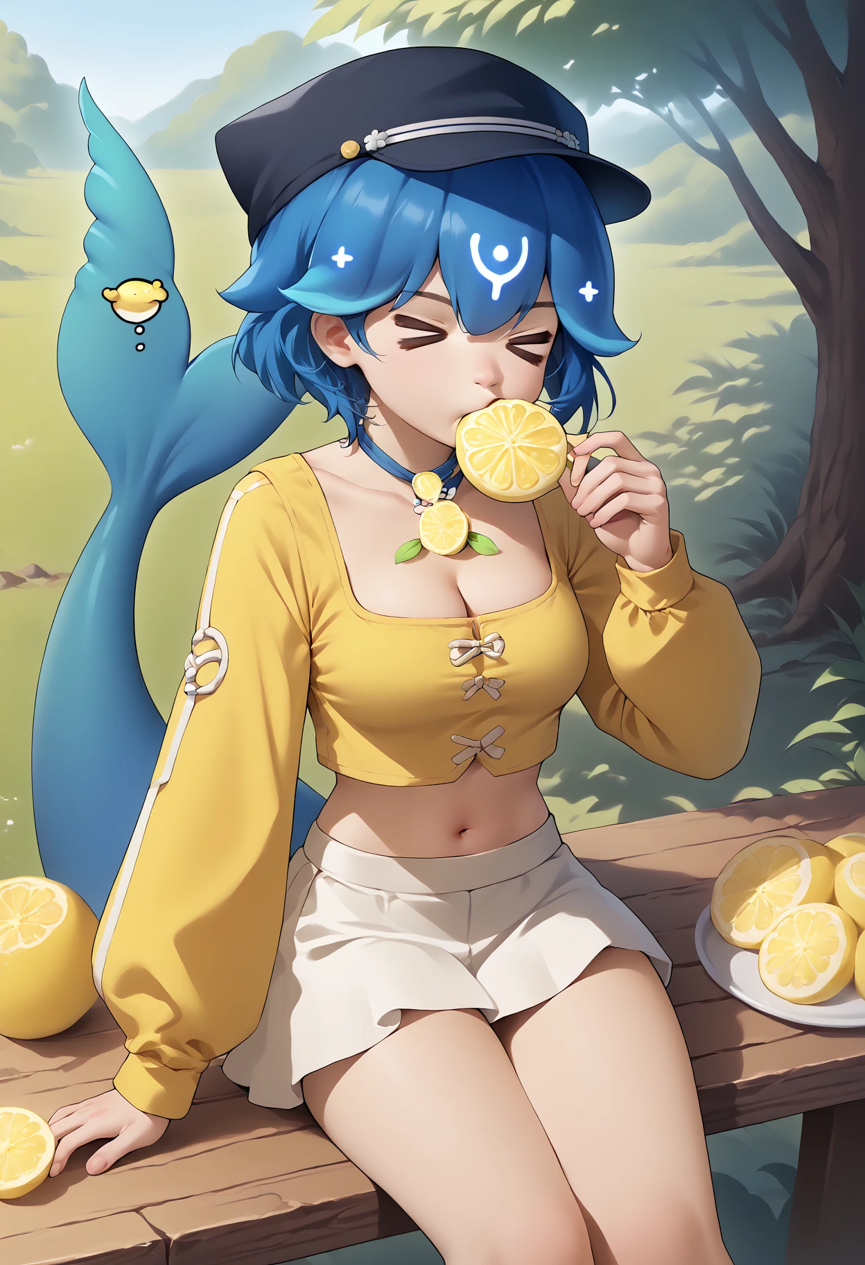 score_9, score_8_up, score_7_up, source_anime, 1girl, solo, > <, closed eyes, <lora:Excitement_Expression_XLPD:1.8>, <lora:Bao_XLPD:1>, BaoLmn, blue hair, bangs, short hair, medium breasts, fish tail, cleavage, black headwear, fruit, lemon slice, long sleeves, midriff, yellow shirt, white skirt, navel, short skirt, outdoors, sitting, eating, table, stone, eating lemon,