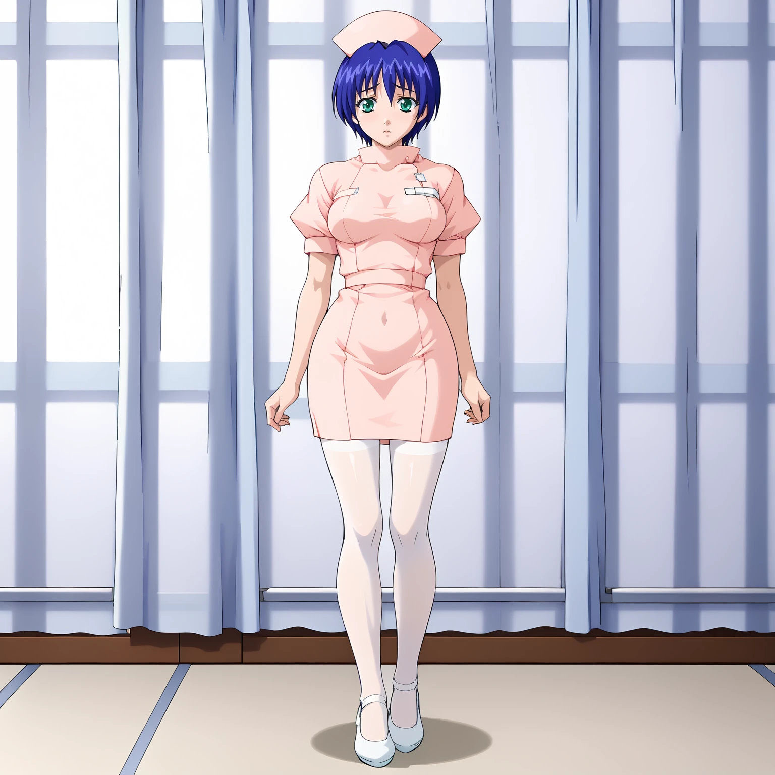 <lora:YumiAsakuraXLpony002>,
solo,
YumiAsakura,1girl,blue hair,short hair,bangs,green eyes,
nurse_cap,nurse,
white_pantyhose,
full body,standing,