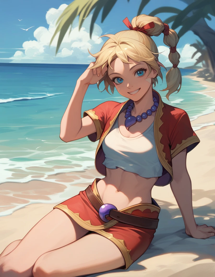 score_9,  score_8_up, score_7_up <lora:kid-cc-ponyxl-000012:1> kdecc, ponytail, facial mark, necklace, crop top, vest, midriff, skirt,
1girl, beach, relaxing, looking at viewer, smile