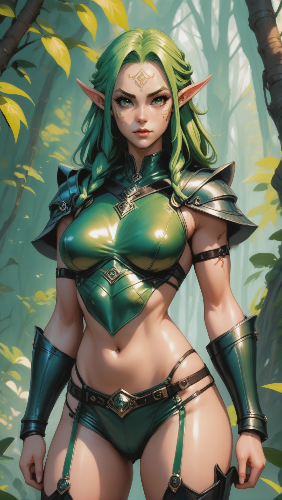 anime digital painting, 1girl, woman, determined elf amazon huntress, (muscular:1.3), leather armor, (celtic tattoos, face tattoos:1), fur cape, standing with toes pointed together, with a pet Poisonous Snake, bombshell hair, forest green hair, twintails, glowing mediumspringgreen clothes, average figure, caucasian, mysterious,sky fantasy village in a Ethereal Plains<lora:EnvyStarlightEponymous01:1>