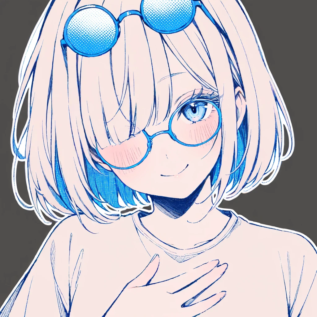 1girl,
solo, close-up, head tilt, eyewear on head, split mouth, closed mouth, one eye covered, blue hair, round eyewear, hand on own chest, blue eyes, blush, smile, hair over one eye, blue-framed eyewear, spot color, bob cut, happy, eyelashes, looking at viewer, blunt bangs, portrait, blue theme, simple background, short hair, straight-on, sidelocks, monochrome, transparent background, glasses,
masterpiece, best quality, safe
<lora:mki-a31-dodosako-v1-000070:1>