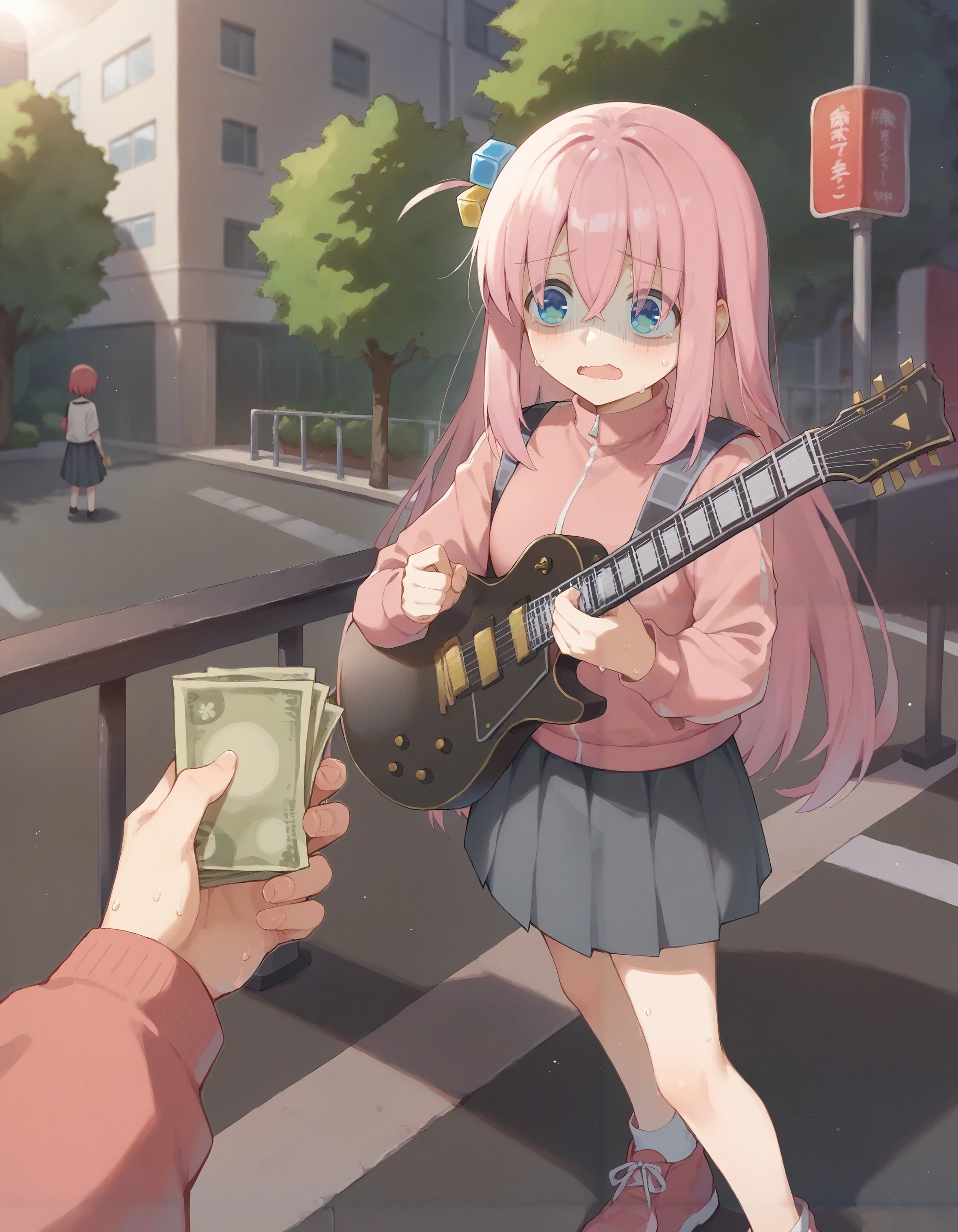 score_9, score_8_up, score_7_up,
povhldg money, banknote,
1girl, gotoh hitori, pink jacket, grey skirt, cube hair ornament, wavy mouth, sweat,
outdoors, street, railing, lens flare, playing guitar,
<lora:concept_povholding-pony-v2:1> <lora:chars_bocchi_the_rock-pony:1>