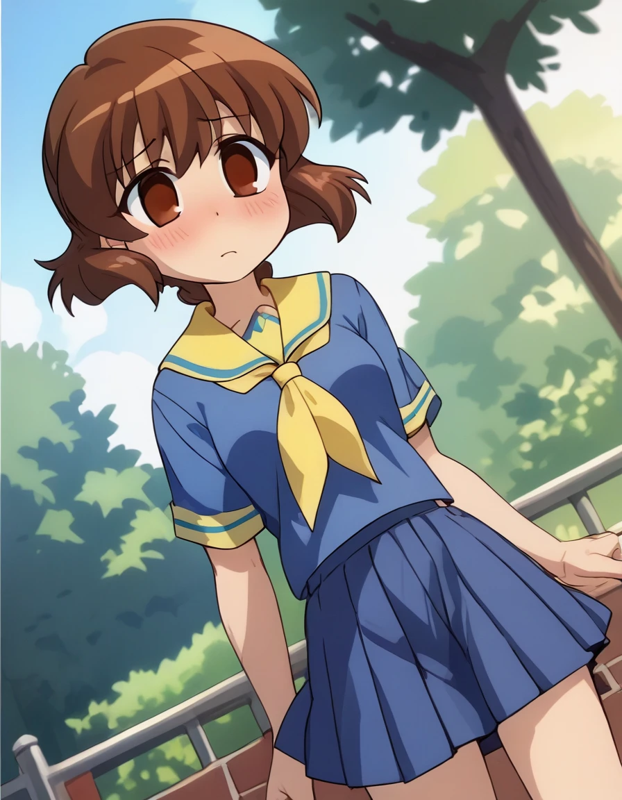 masterpiece,highest quality,MARUI MITSUBA,brown eyes,brown hair,hair ribbon,short twin tails,mitsudomoe \(shape\),pussy ,( kid),