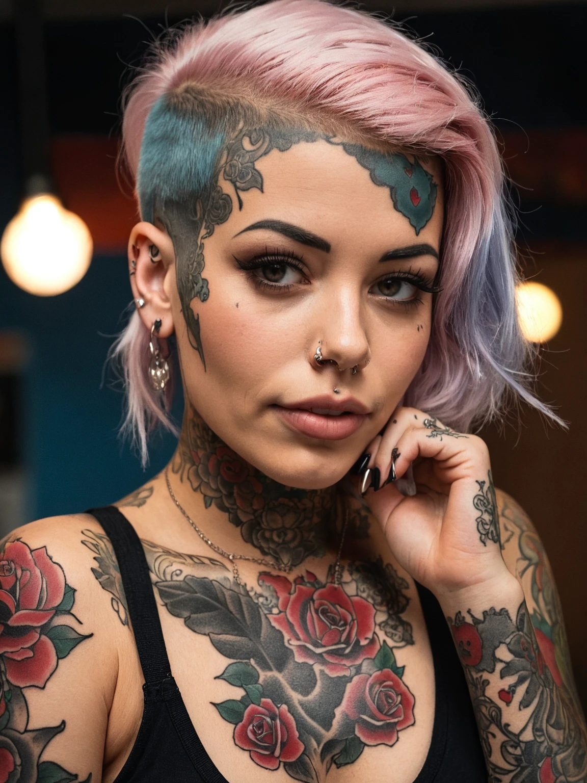 portrait photo of a woman, tattoo, piercing  <lora:T1gerL1lly:1> t1gerl1lly