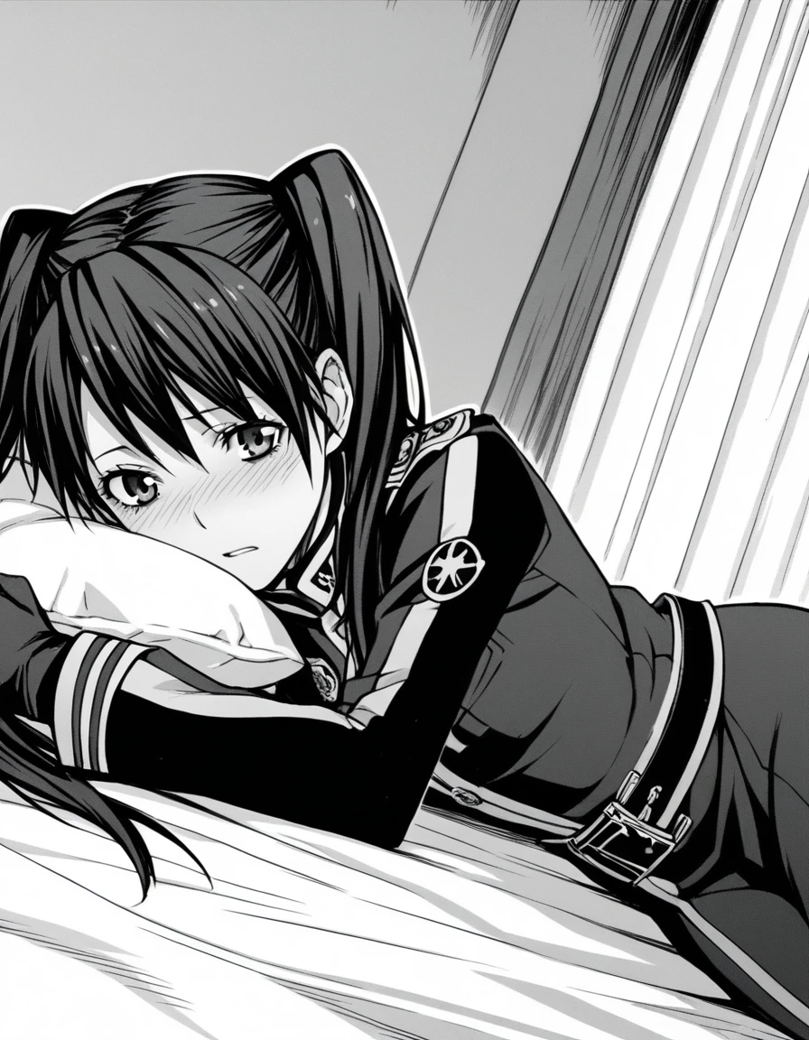 score_9, score_8_up, score_7_up, source_anime,
lenaleelee, <lora:lenalee-lee-manga-ponyxl-lora-nochekaiser:1>,
lenalee lee, long hair, bangs, twintails, monochrome, greyscale,
gloves, uniform, military, military uniform,
indoors, bed, bed room, on side, blush, drunk,
looking at viewer, solo, cowboy shot, dutch angle,