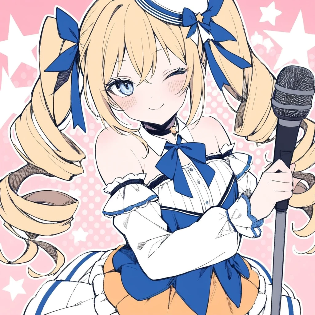 1girl,
solo, blonde hair, hair ribbon, detached sleeves, choker, frilled dress, frills, long hair, blush, twintails, blue eyes, idol, bow, twin drills, ;\), star \(symbol\), looking at viewer, hair ornament, bowtie, smile, long sleeves, bare shoulders, drill hair, one eye closed, alternate costume, dress, ribbon, index finger raised, microphone, idol clothes, hat,
masterpiece, best quality, safe
<lora:mki-a31-dodosako-v1-000070:1>