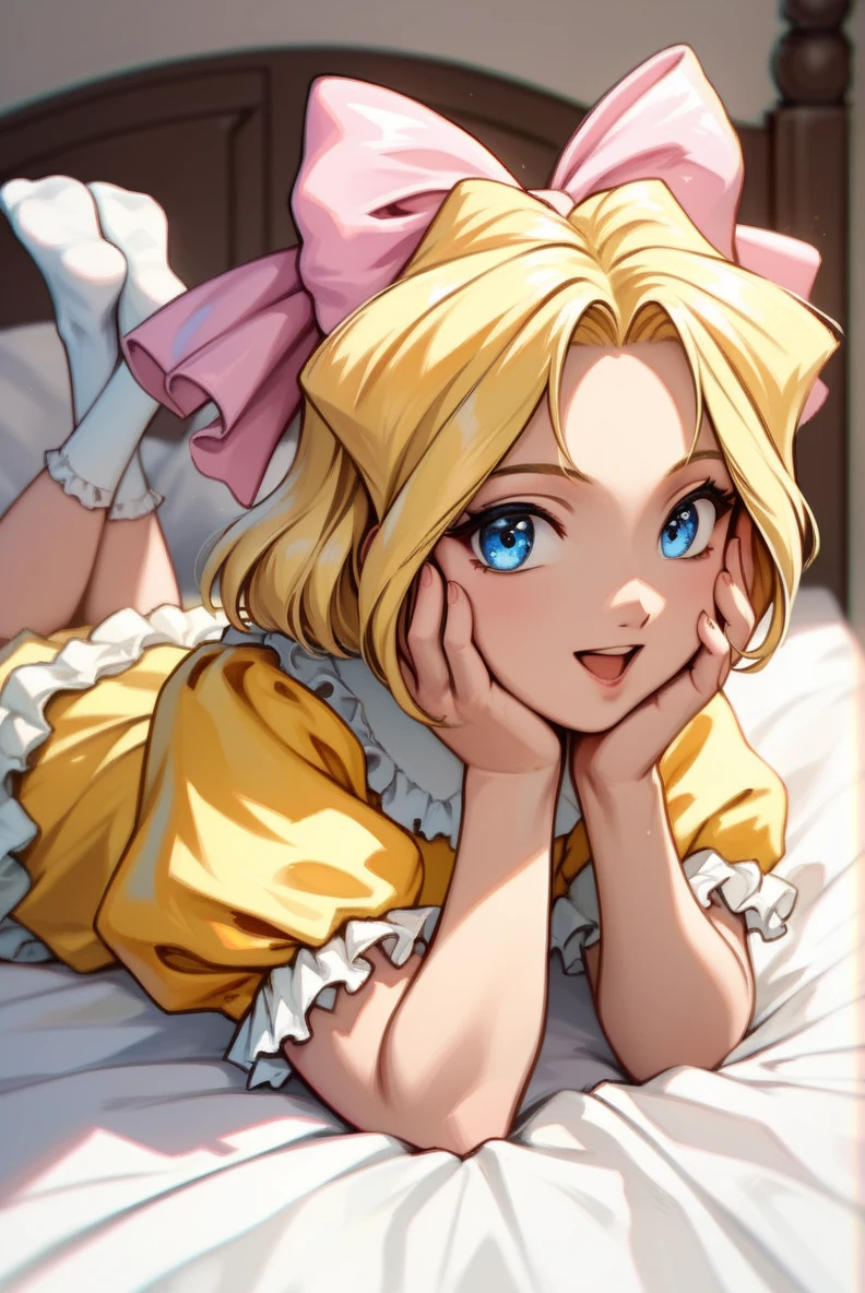 score_9, score_8_up, score_7_up, very aesthetic, source_anime, detailed, high quality, beautiful, masterpiece, detailed eyes,
indoor, blurry background,
<lora:lightXL:0.8>
cowboy shot, upper body,
open mouth, lying, on stomach, on bed, legs up, hands on own face, smile,
<lora:iris_autismConfetti_v01:0.95>flat chest,
irisBase, blonde hair, blue eyes, hair bow, pink bow, short hair, parted bangs,
yellow dress, frills, white puffy sleeves, short sleeves, layered dress, lace white socks,, zPDXL