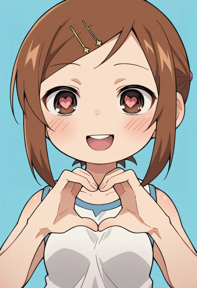 score_9, score_8_up, score_8, source_anime, 1girl, chibi, <lora:Miyashita:0.8> solo, brown hair, blush, hair ornament, hairclip, brown eyes, short hair, smile, white shirt, sleeveless, front view, upper body, mouth open, teeth, heart hands, heart pupils,
simple background, light blue background,