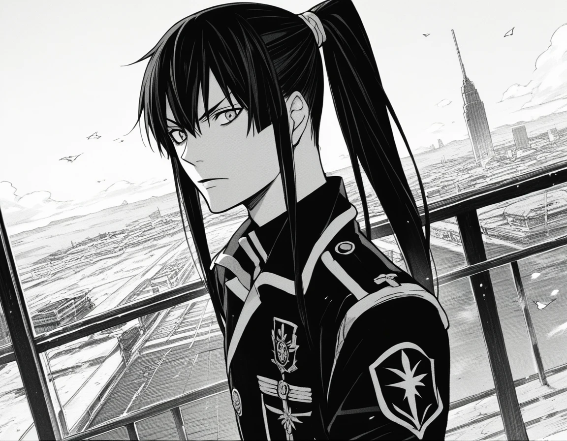 score_9, score_8_up, score_7_up, source_anime,
yuukanda, <lora:yuu-kanda-manga-ponyxl-lora-nochekaiser:1>,
yuu kanda, long hair, monochrome, ponytail, greyscale, male focus,
gloves, uniform, military, military uniform,
outdoors, cityscape,
looking at viewer, solo, cowboy shot, dutch angle,