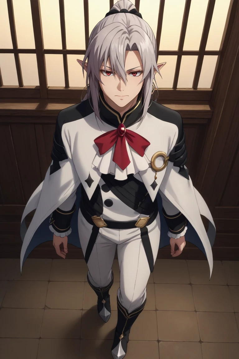 score_9, score_8_up, score_7_up, source_anime, rating_safe, , (realistic:0.6), , , 1boy, solo, male focus, <lora:ferid_bathory_pony:0.82>, ferid_bathory, grey hair, red eyes, long hair, hair between eyes, pointy ears, ponytail, from above, full body, ayers rock, indoors, light, standing on one leg, wavy mouth, closed mouth, captain costume, <lora:sdxl_lightning_8step_lora:1>