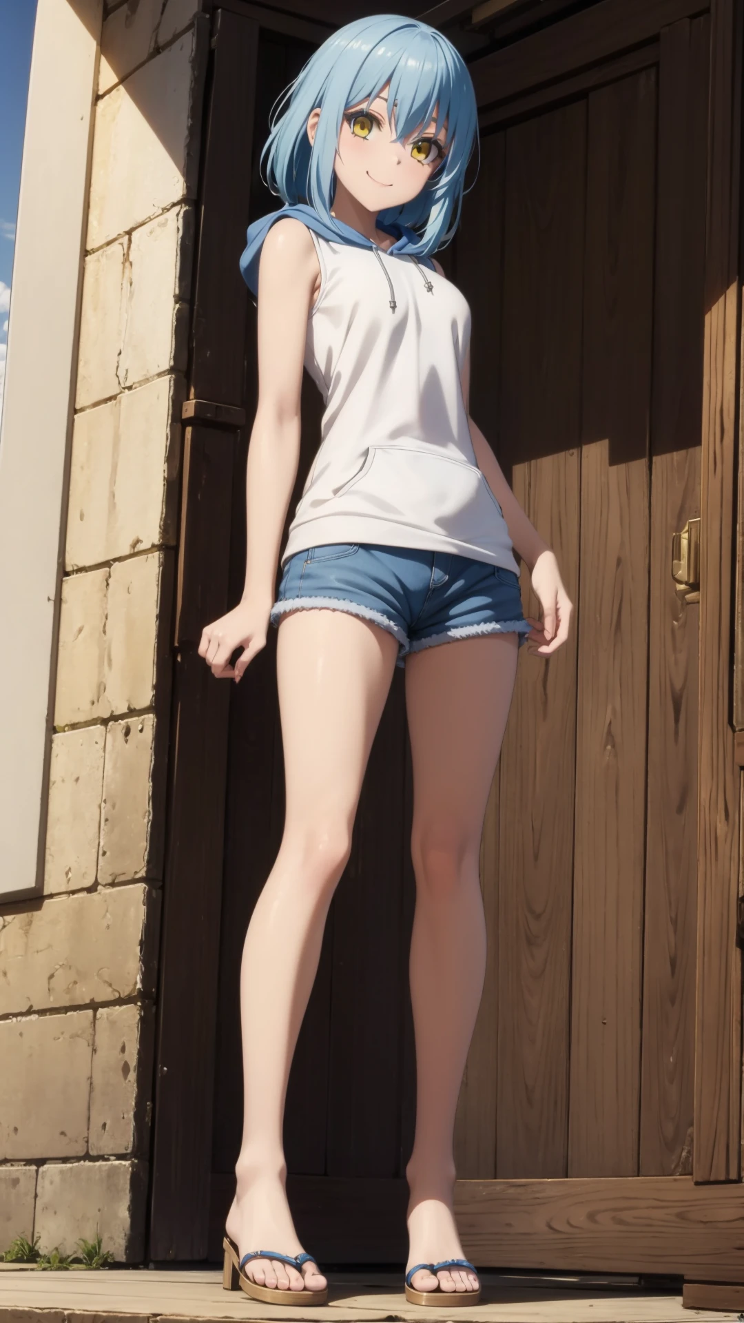 Highest quality:1.5, High resolution, uhd, 4K, Detailed lighting, Shaders), NSFW Misaka Mikoto,short hair Brown Hair Brown eyes Cool face Black latex shorts Sports bra with a small area Realistic sun rays Beautiful park (((topless)))++ sit blush