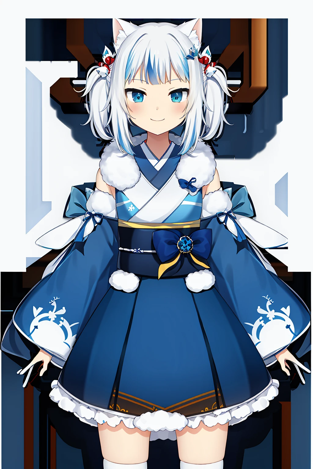 <lora:gura_v1.1-000010:0.8>, gawr gura, gura_culture_outfit, 1girl, solo, best quality, masterpiece, highres, looking at viewer, cowboyshot, hair accessories, thigh-high stockings, blue and white color scheme, h blue eyes, transparent background, cat motifs, obi-like belt, white fur trim, hair ornaments, standing pose, silver hair, blue dress, ruffles, fantasy outfit, kemonomimi (animal ears), twin tails, (solid white background: 1.3), hair ornament, smile, (dynamic pose)