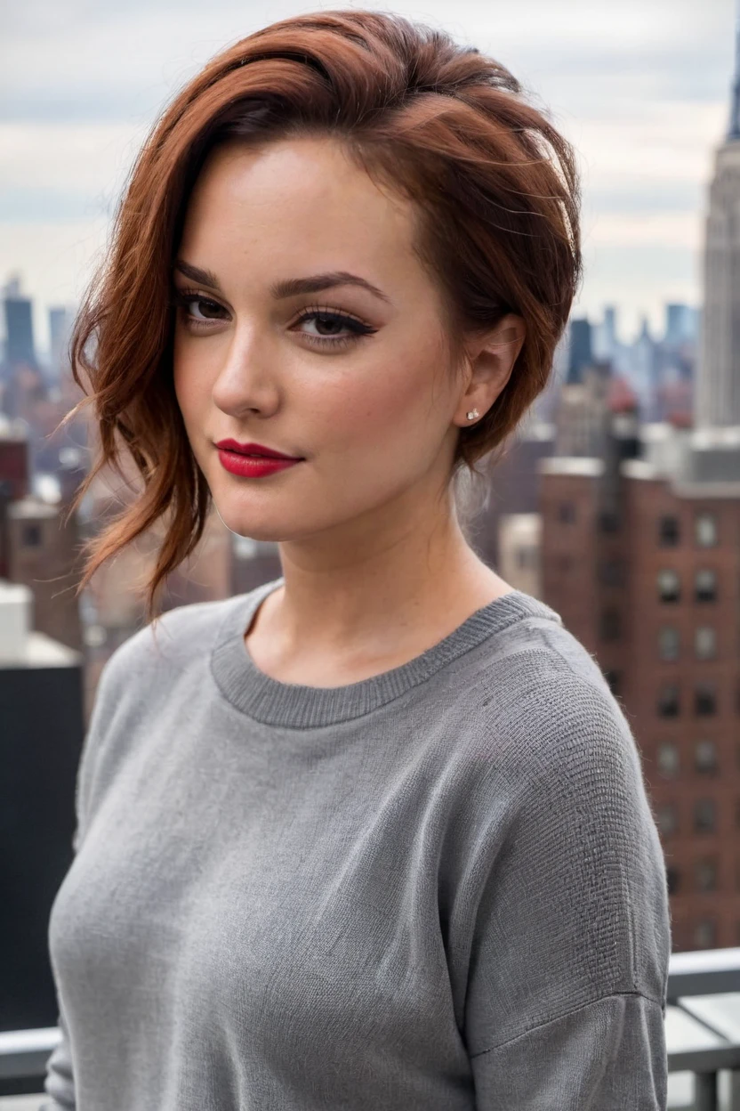 candid photo of a young ohwx woman,wearing a grey sweater, ruby bob hair,looking at the camera,natural lighting,natural skin,half body,on a balcony, new york city skyline <lora:Leighton_Meester-000006:0.8>